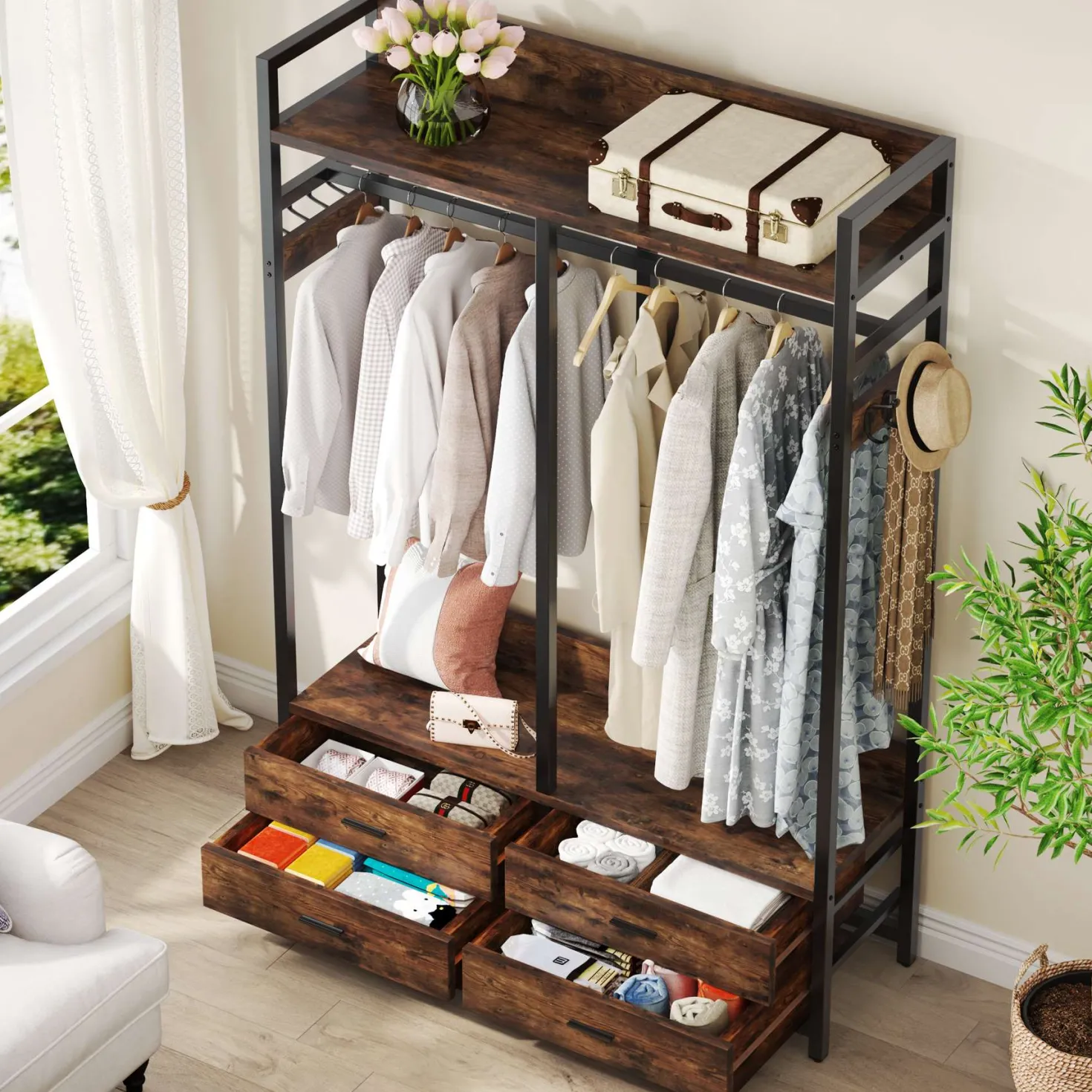 Freestanding Closet Organizer, Garment Rack with Drawers & Shelves