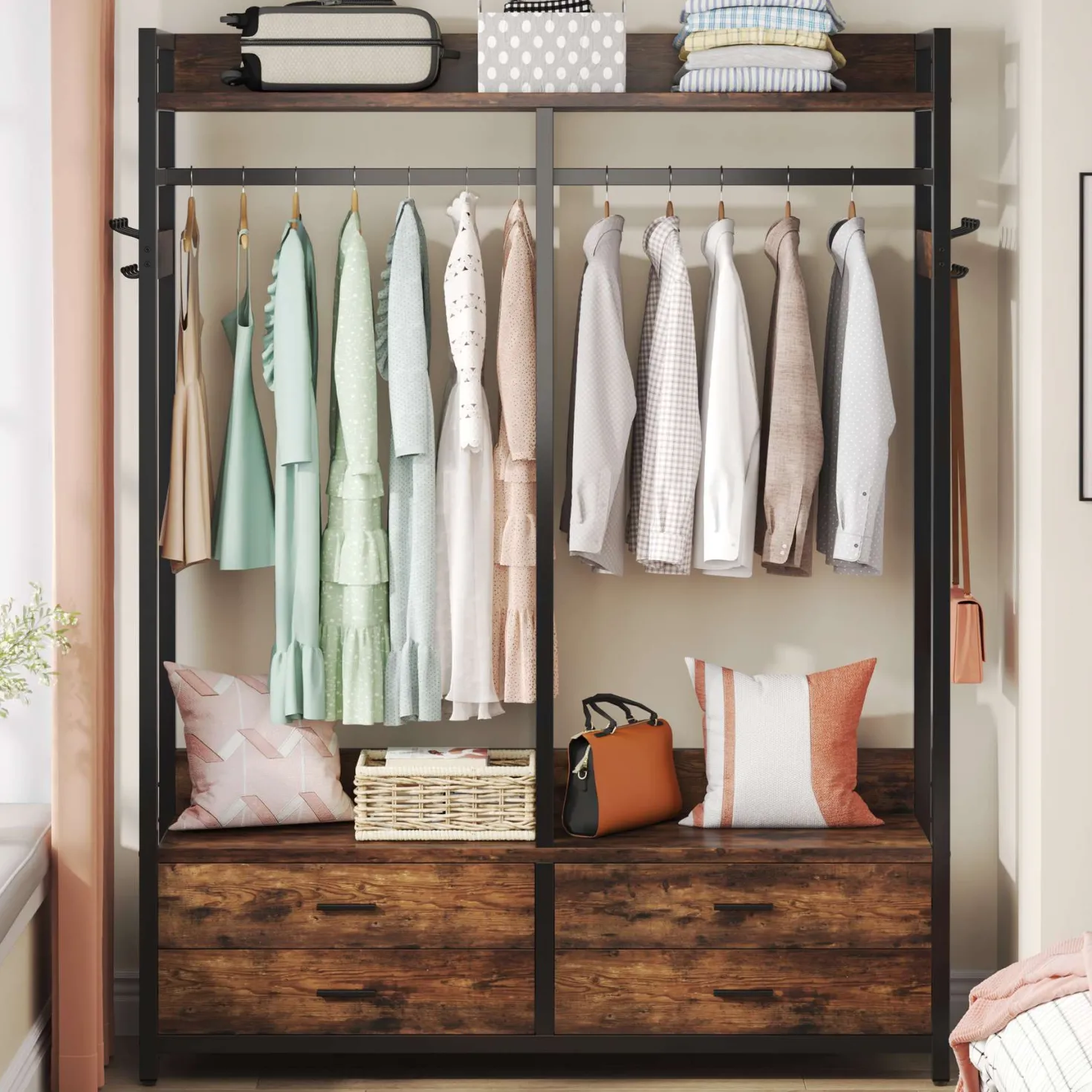 Freestanding Closet Organizer, Garment Rack with Drawers & Shelves