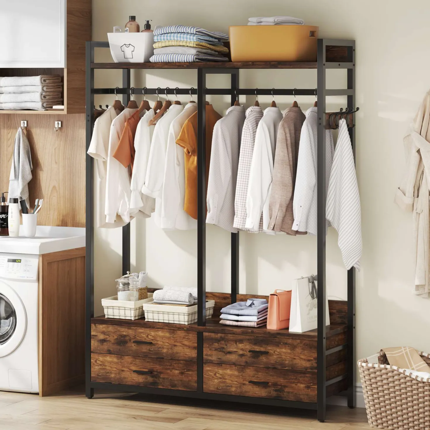 Freestanding Closet Organizer, Garment Rack with Drawers & Shelves
