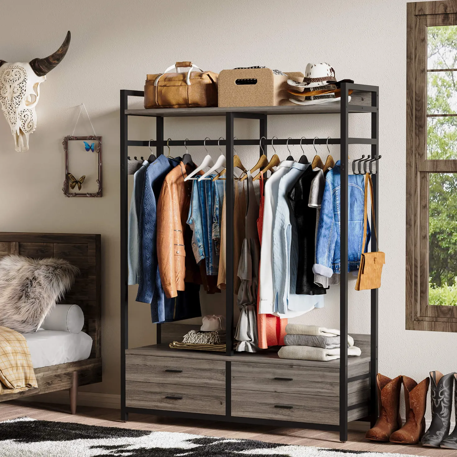 Freestanding Closet Organizer, Garment Rack with Drawers & Shelves
