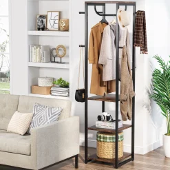 Freestanding Coat Rack, Industrial Corner Hall Tree with 4 Shelves 8 Hooks
