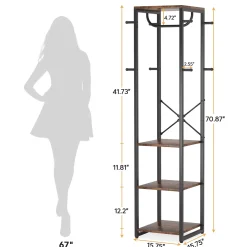 Freestanding Coat Rack, Industrial Corner Hall Tree with 4 Shelves 8 Hooks