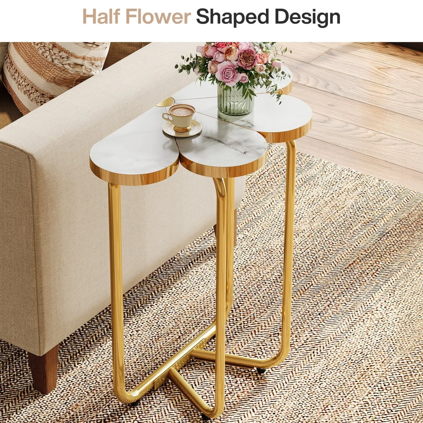 Half-Flower End Table, Faux Marble Side Table with Gold Frame