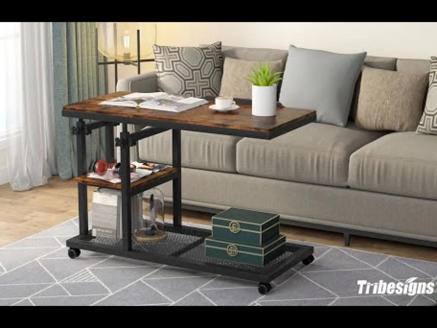 Height Adjustable C Table, Mobile Side Table with Tiltable Drawing Board