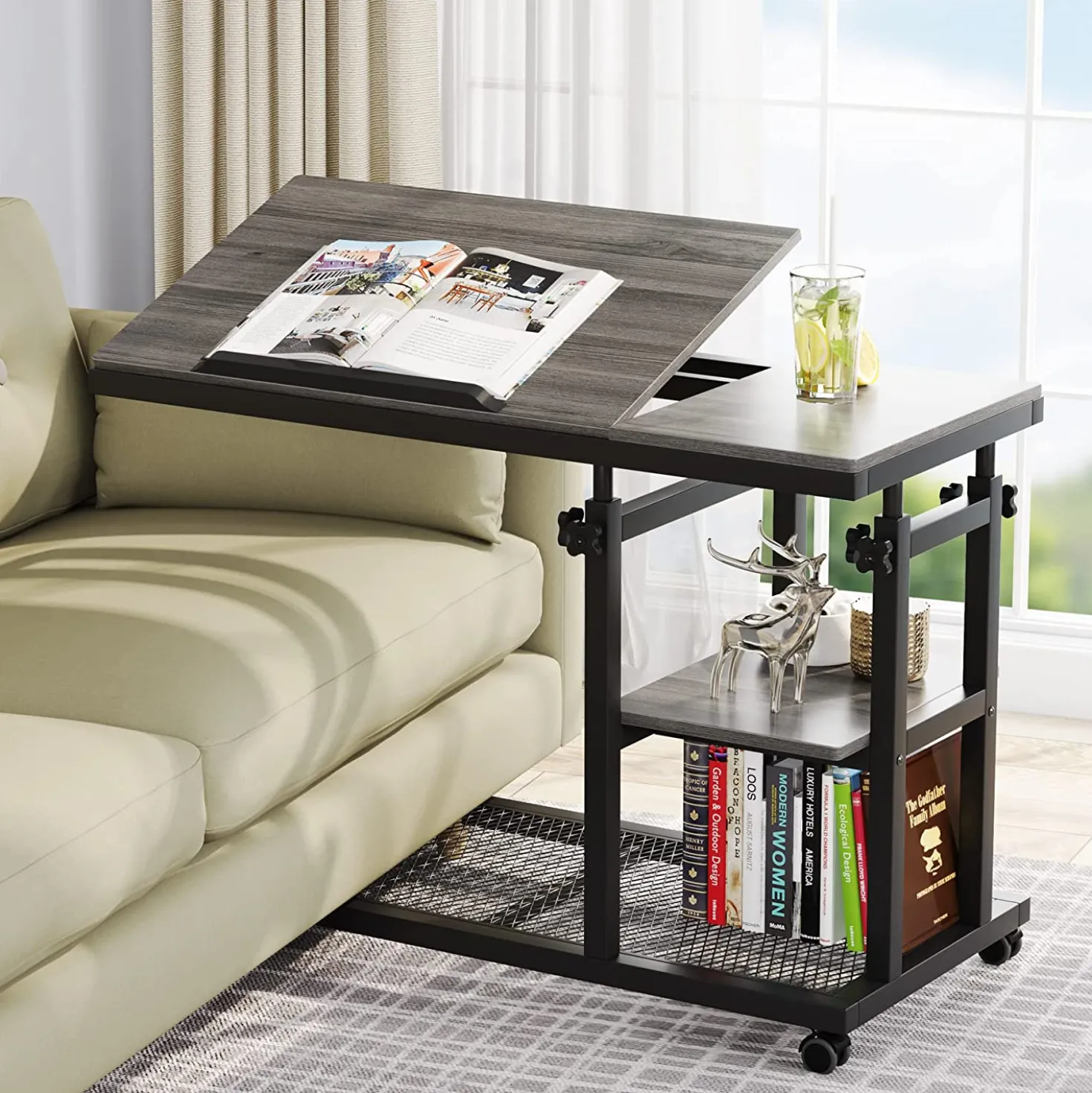 Height Adjustable C Table, Mobile Side Table with Tiltable Drawing Board
