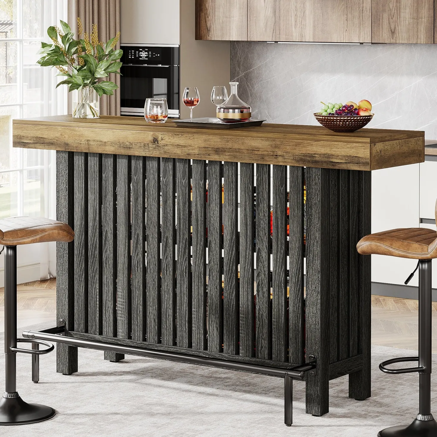 Home Bar Unit, Modern 2-Tier Bar Table with Footrest