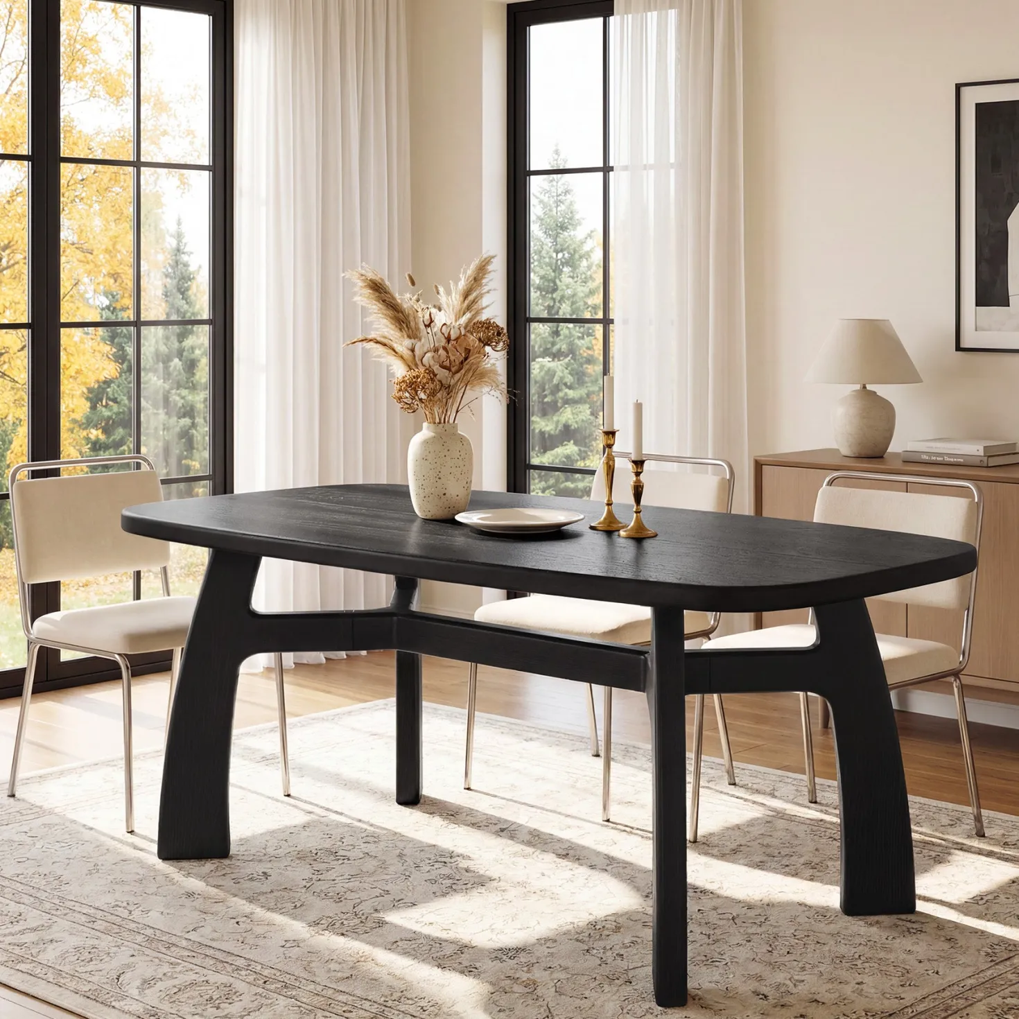 63-Inch Dining Table for 6-8, Solid Wood Kitchen Table with H-Frame for Dining Room