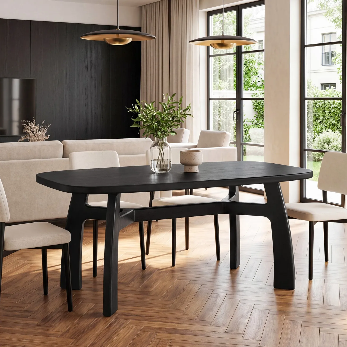 63-Inch Dining Table for 6-8, Solid Wood Kitchen Table with H-Frame for Dining Room