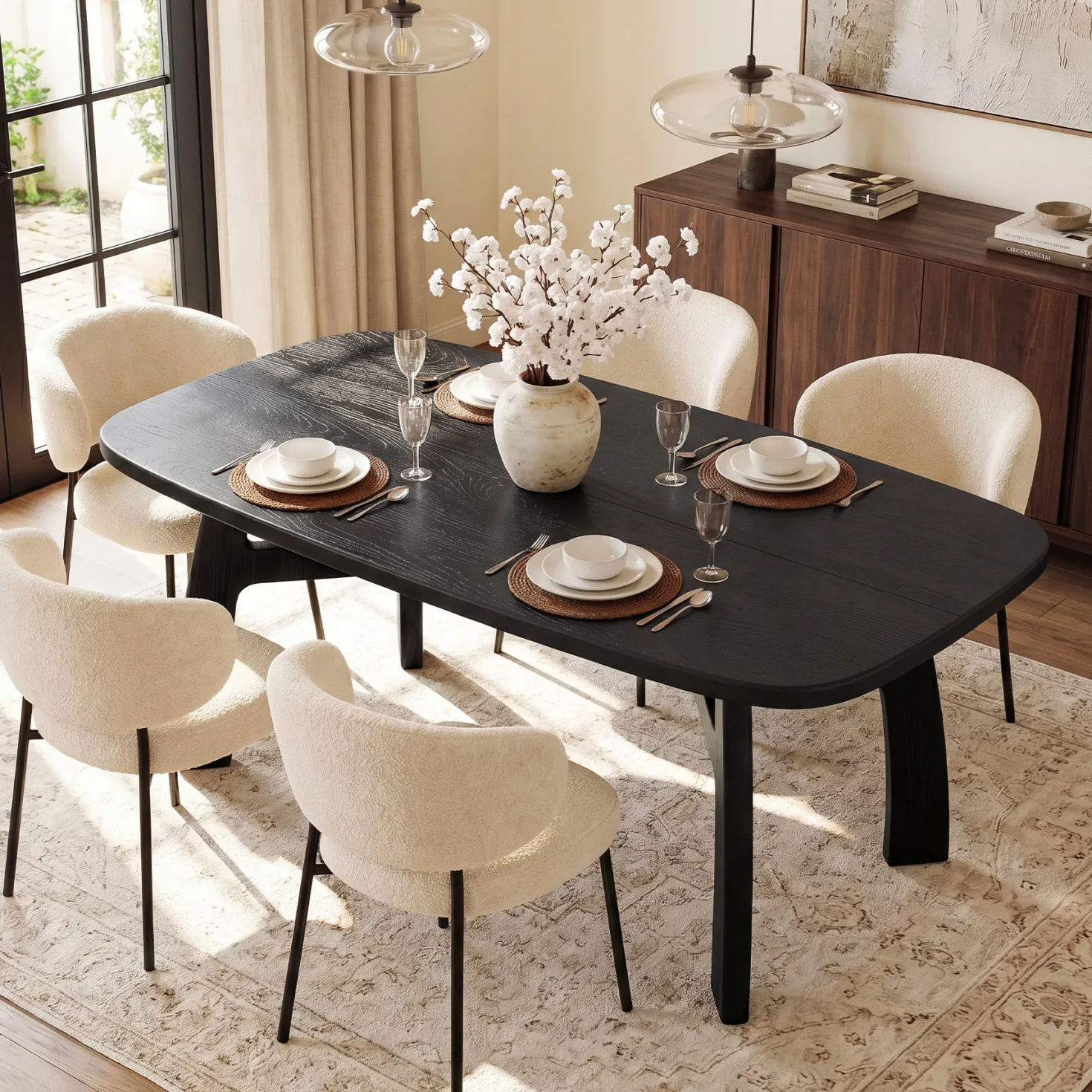 63-Inch Dining Table for 6-8, Solid Wood Kitchen Table with H-Frame for Dining Room