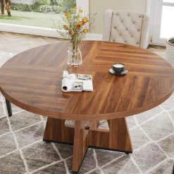 47-Inch Round Farmhouse Dining Table for 4–6 with Cross-Style Pedestal Base