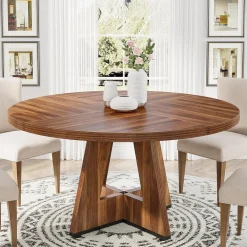 47-Inch Round Farmhouse Dining Table for 4–6 with Cross-Style Pedestal Base