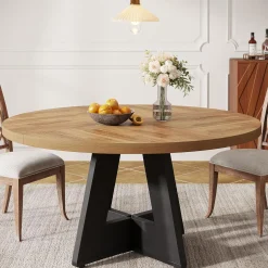 47-Inch Round Farmhouse Dining Table for 4–6 with Cross-Style Pedestal Base