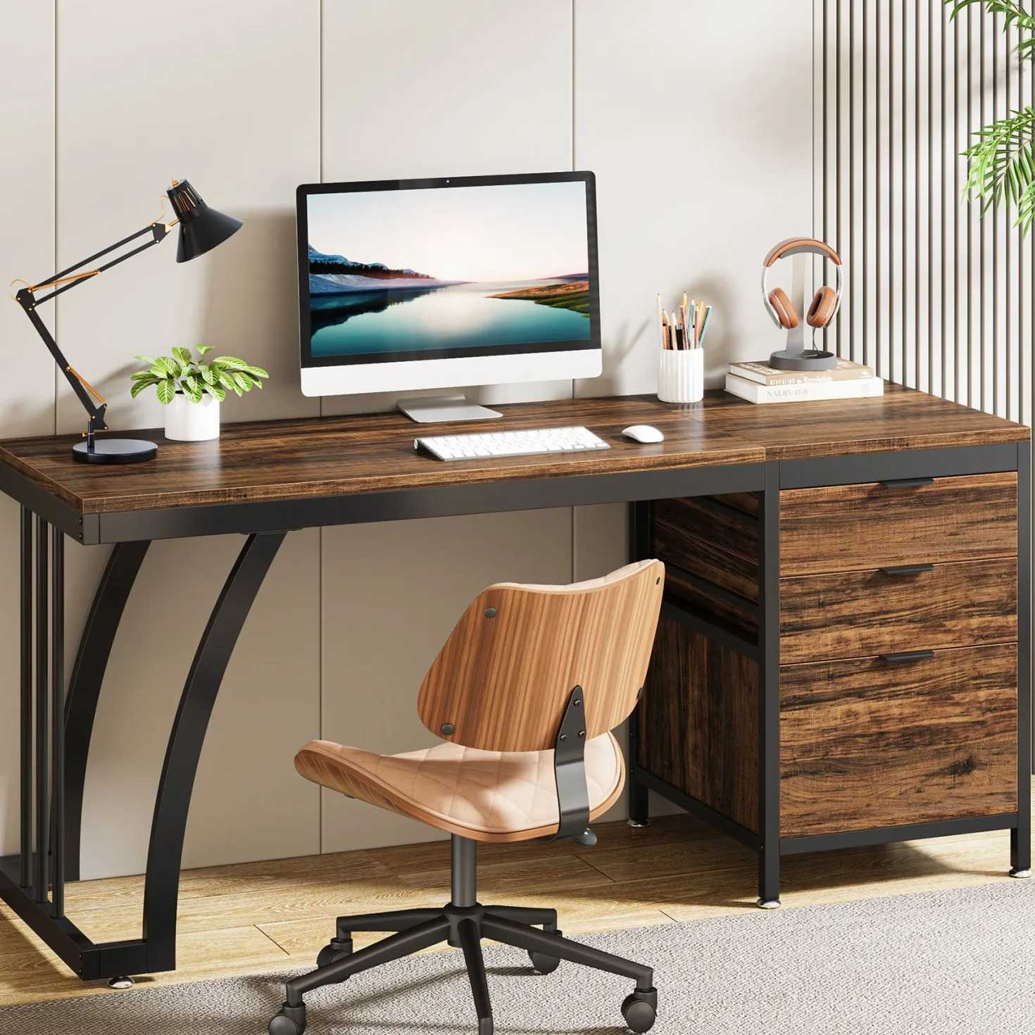 Industrial Computer Desk, 59" Study Desk with Reversible Drawer Cabinet