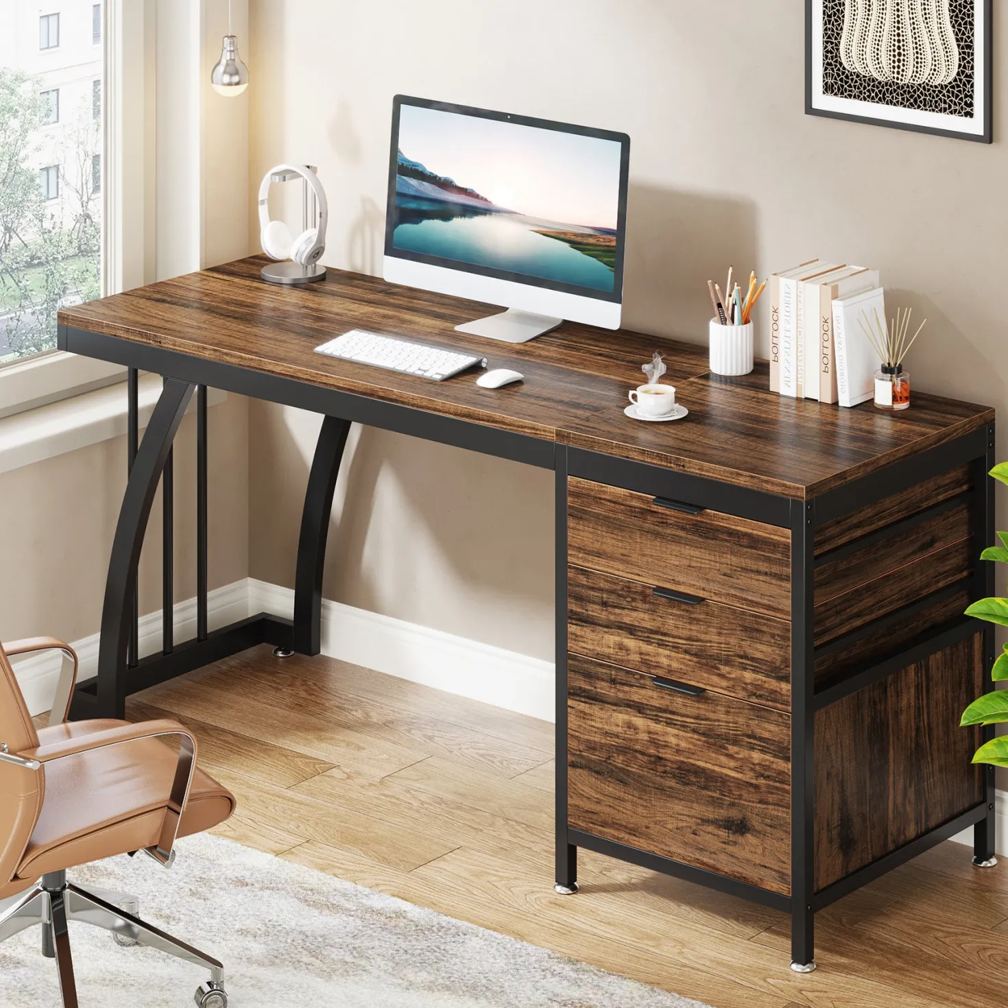 Industrial Computer Desk, 59" Study Desk with Reversible Drawer Cabinet