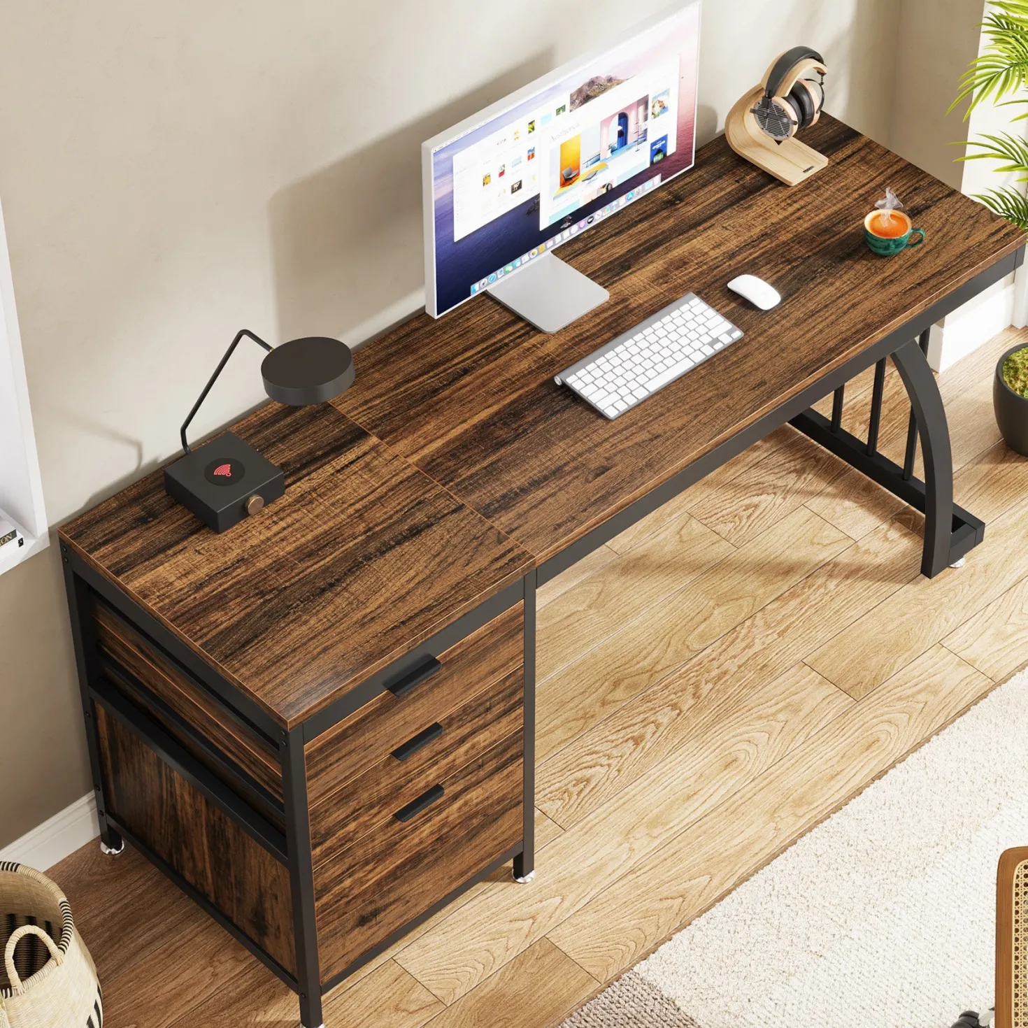 Industrial Computer Desk, 59" Study Desk with Reversible Drawer Cabinet