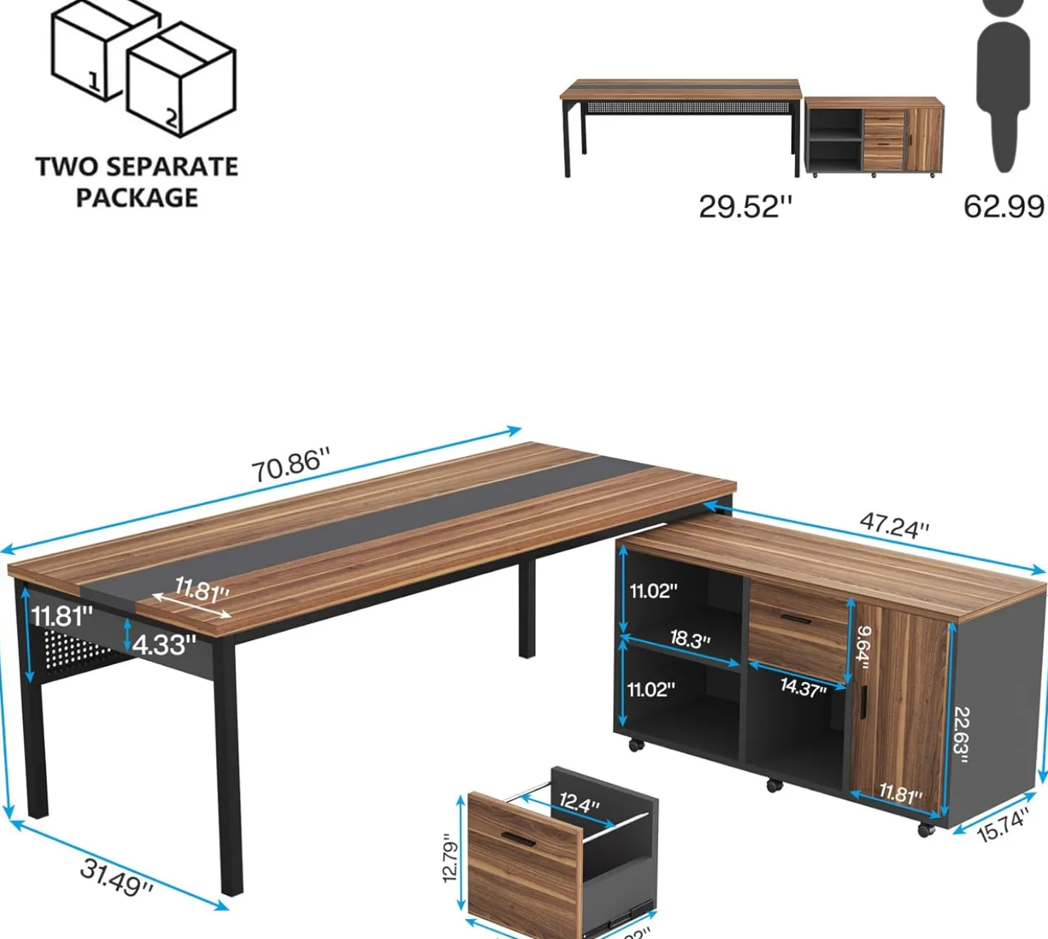Industrial L-Shaped Desk, 71" Executive Desk with 47" Mobile File Cabinet