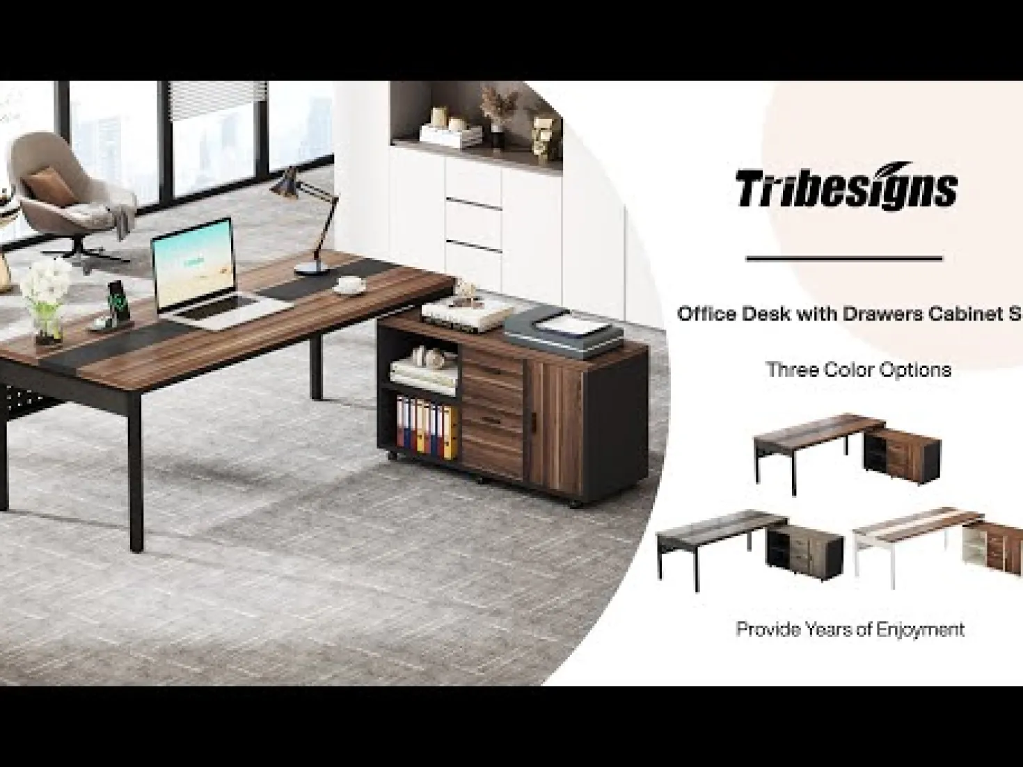 Industrial L-Shaped Desk, 71" Executive Desk with 47" Mobile File Cabinet