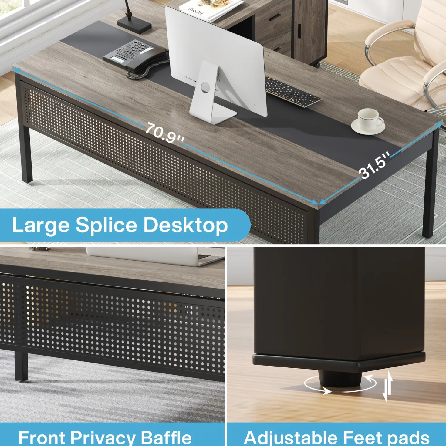 Industrial L-Shaped Desk, 71" Executive Desk with 47" Mobile File Cabinet