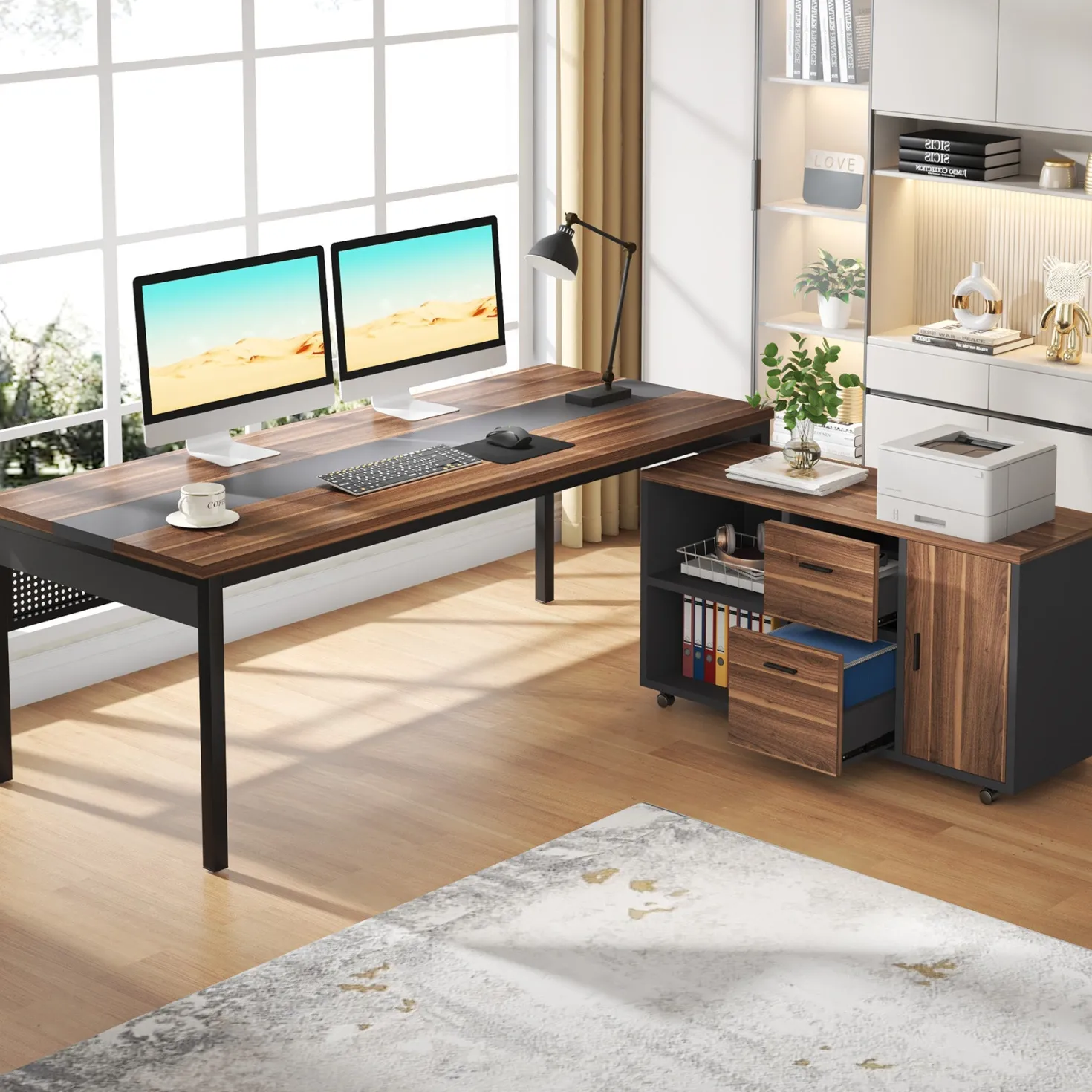 Industrial L-Shaped Desk, 71" Executive Desk with 47" Mobile File Cabinet