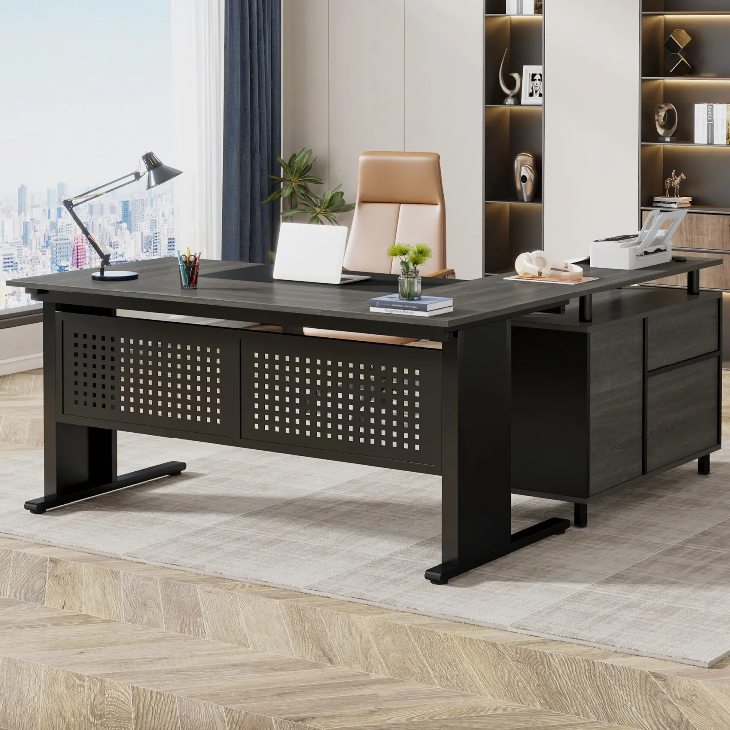 Industrial L-Shaped Desk, 63" Executive Desk with File Cabinet