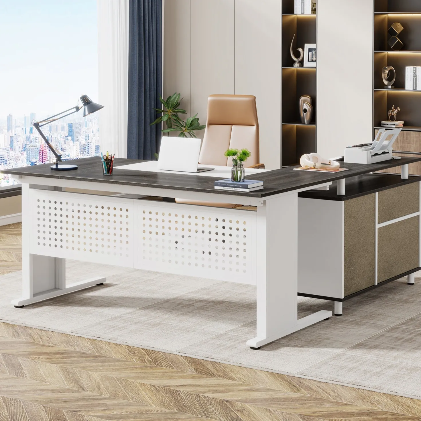 Industrial L-Shaped Desk, 63" Executive Desk with File Cabinet