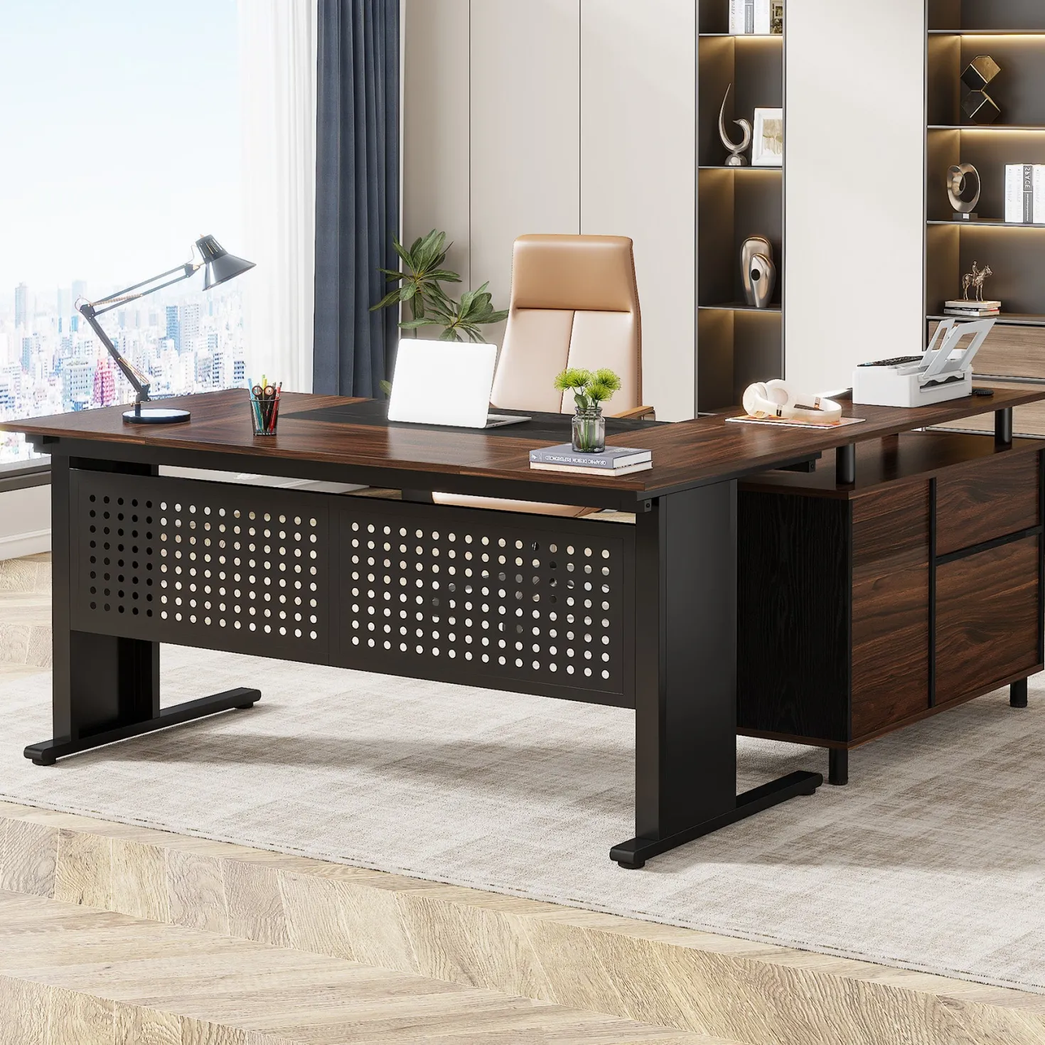 Industrial L-Shaped Desk, 63" Executive Desk with File Cabinet