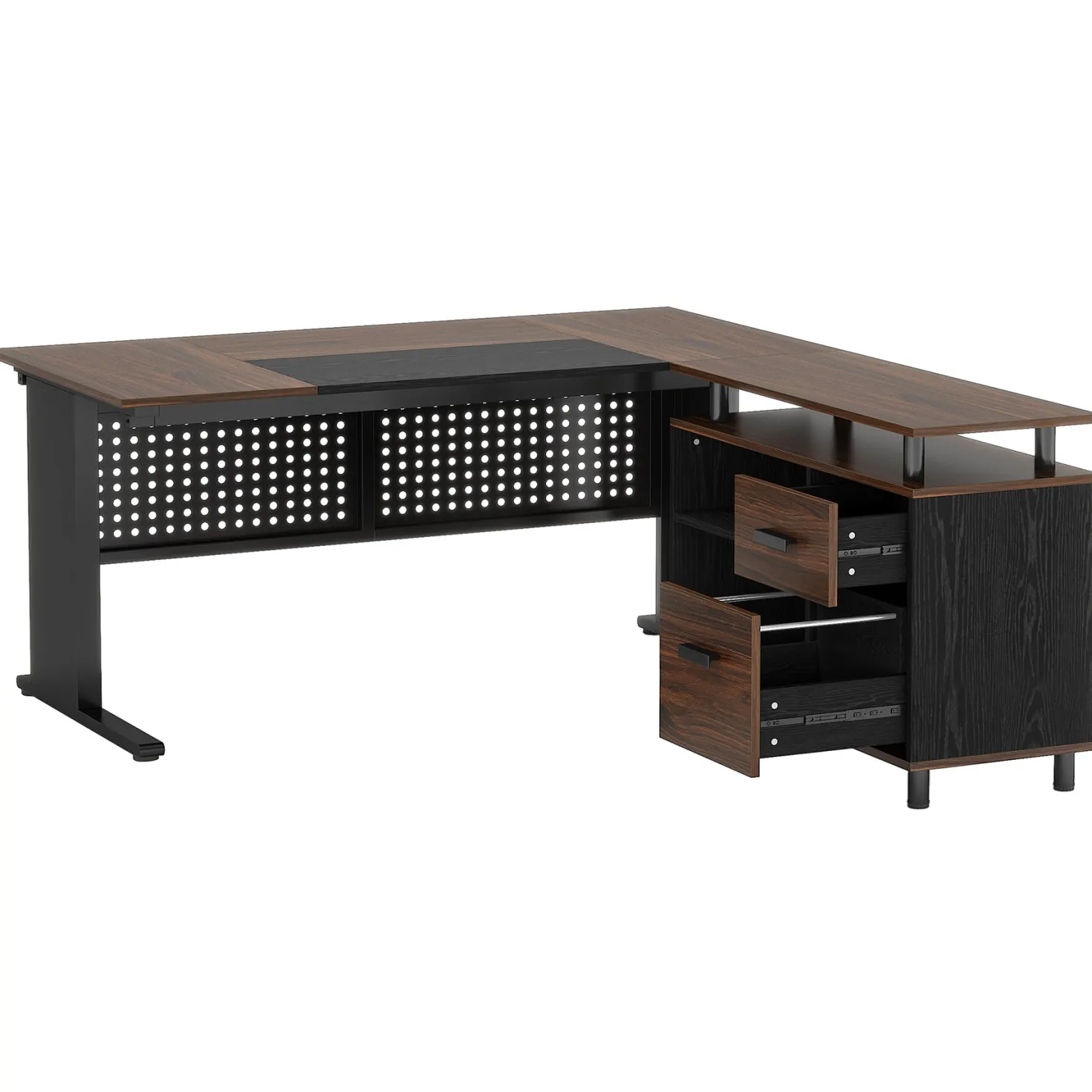 Industrial L-Shaped Desk, 63" Executive Desk with File Cabinet