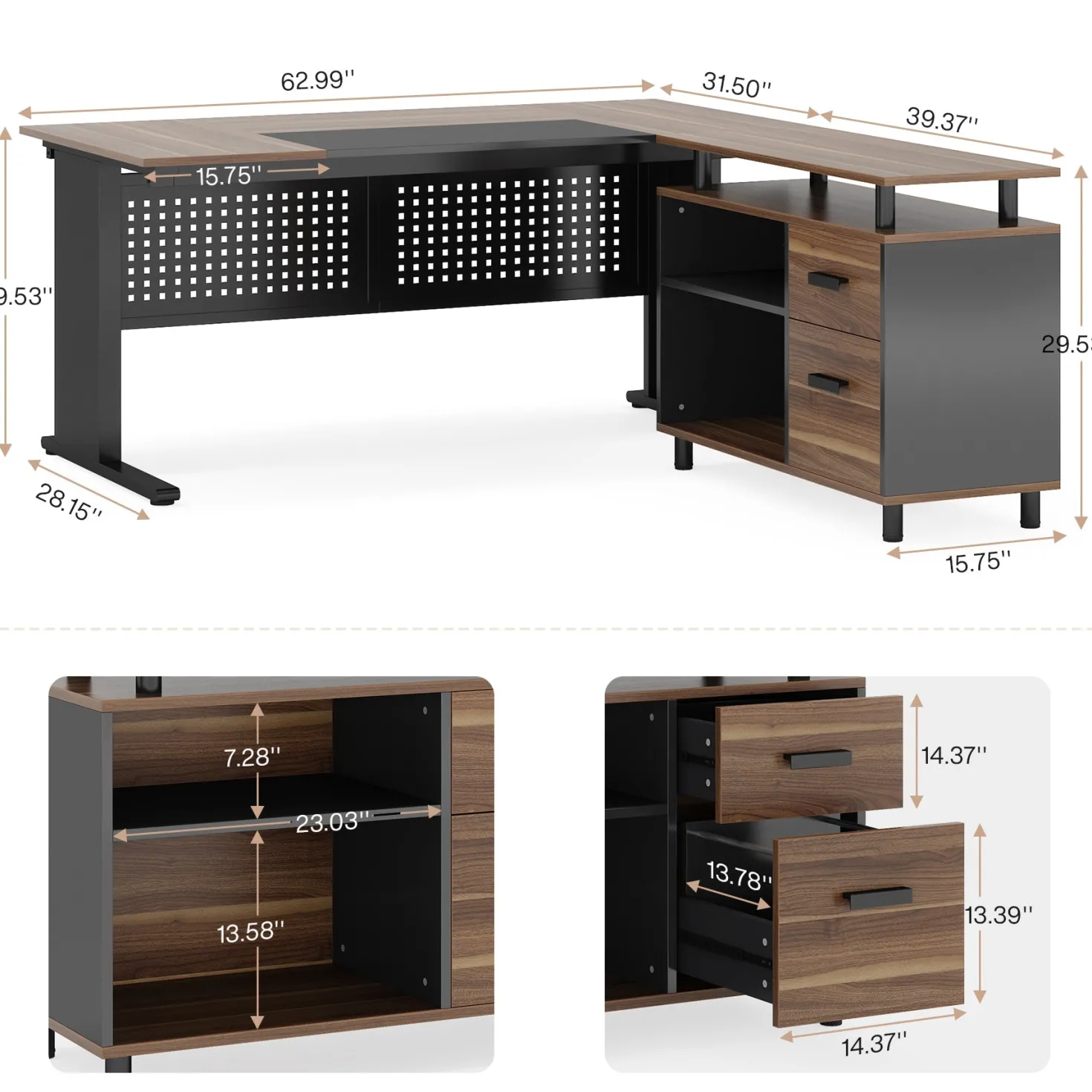Industrial L-Shaped Desk, 63" Executive Desk with File Cabinet