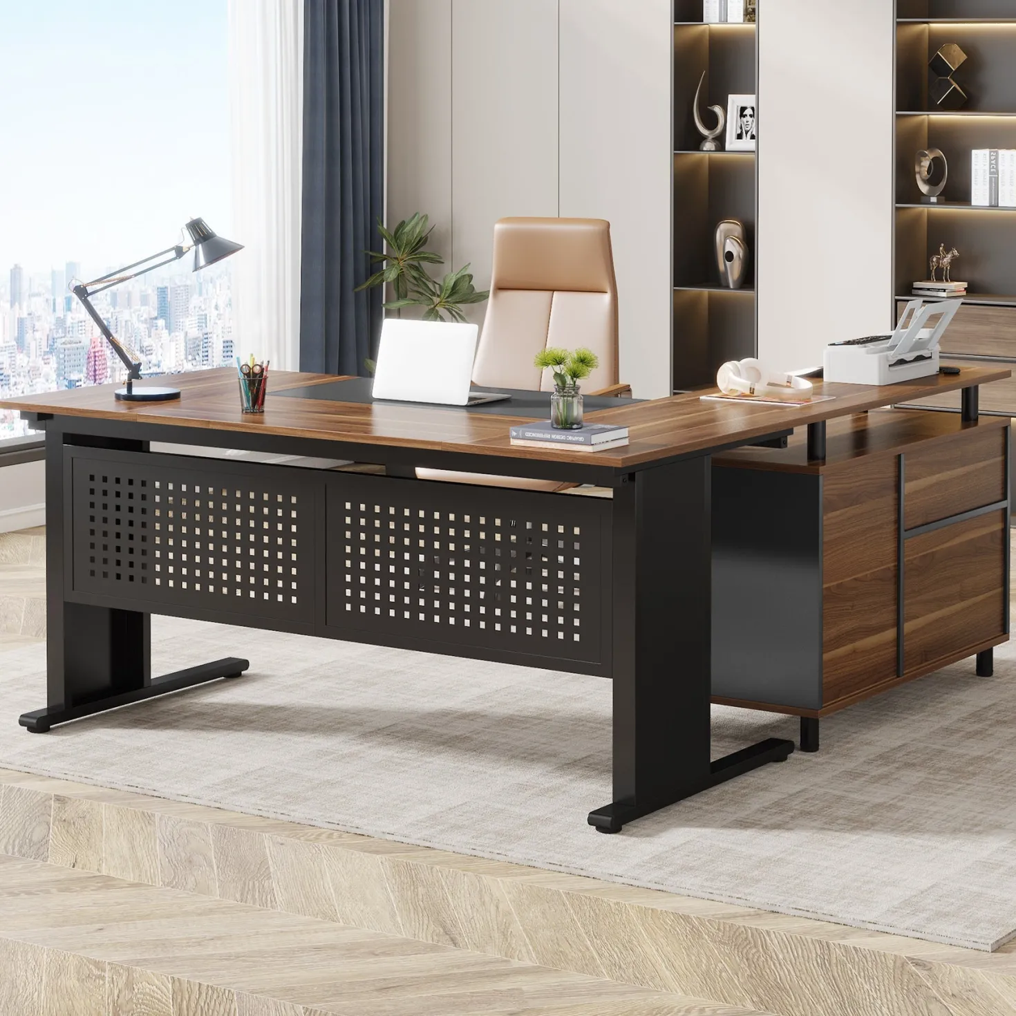 Industrial L-Shaped Desk, 63" Executive Desk with File Cabinet
