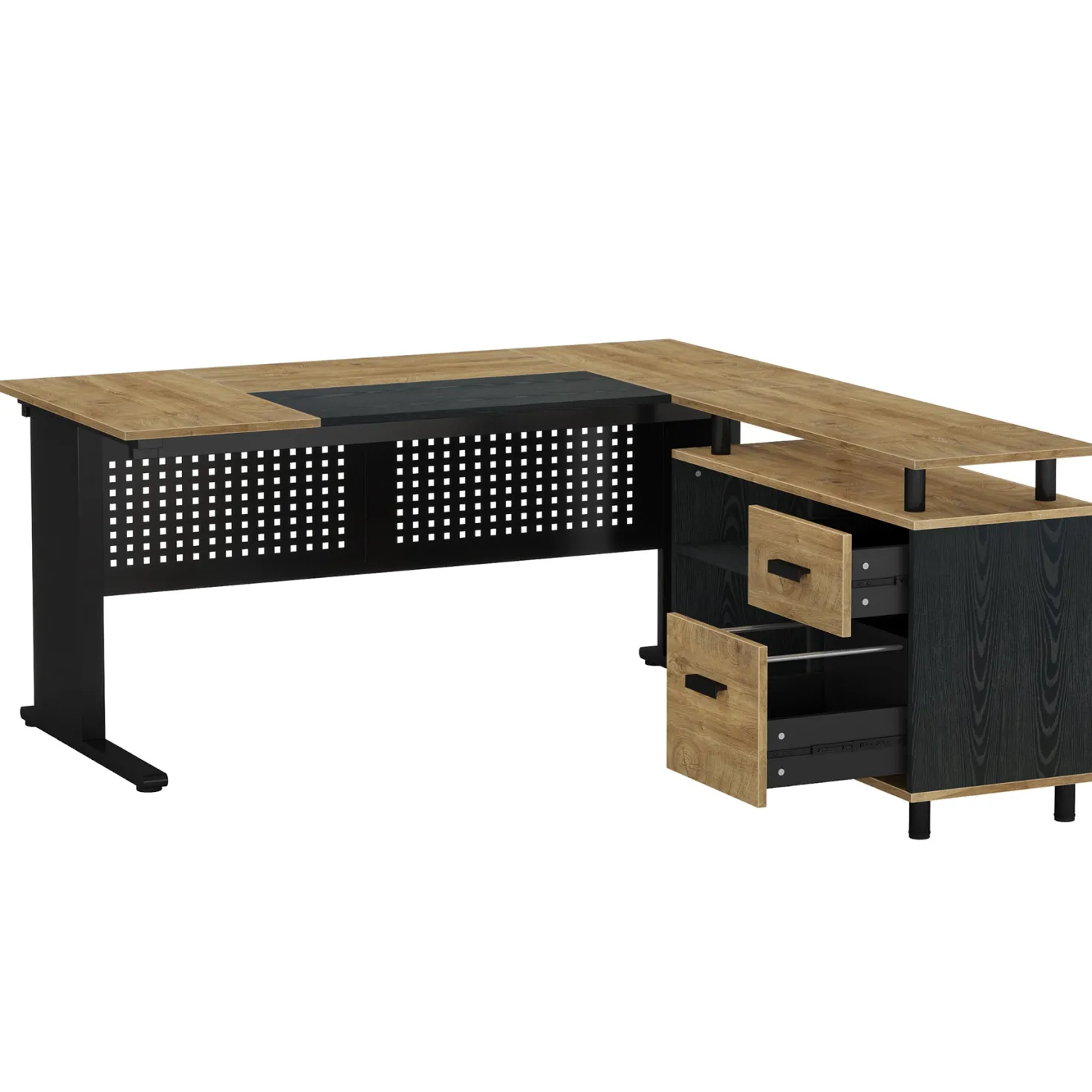 Industrial L-Shaped Desk, 63" Executive Desk with File Cabinet