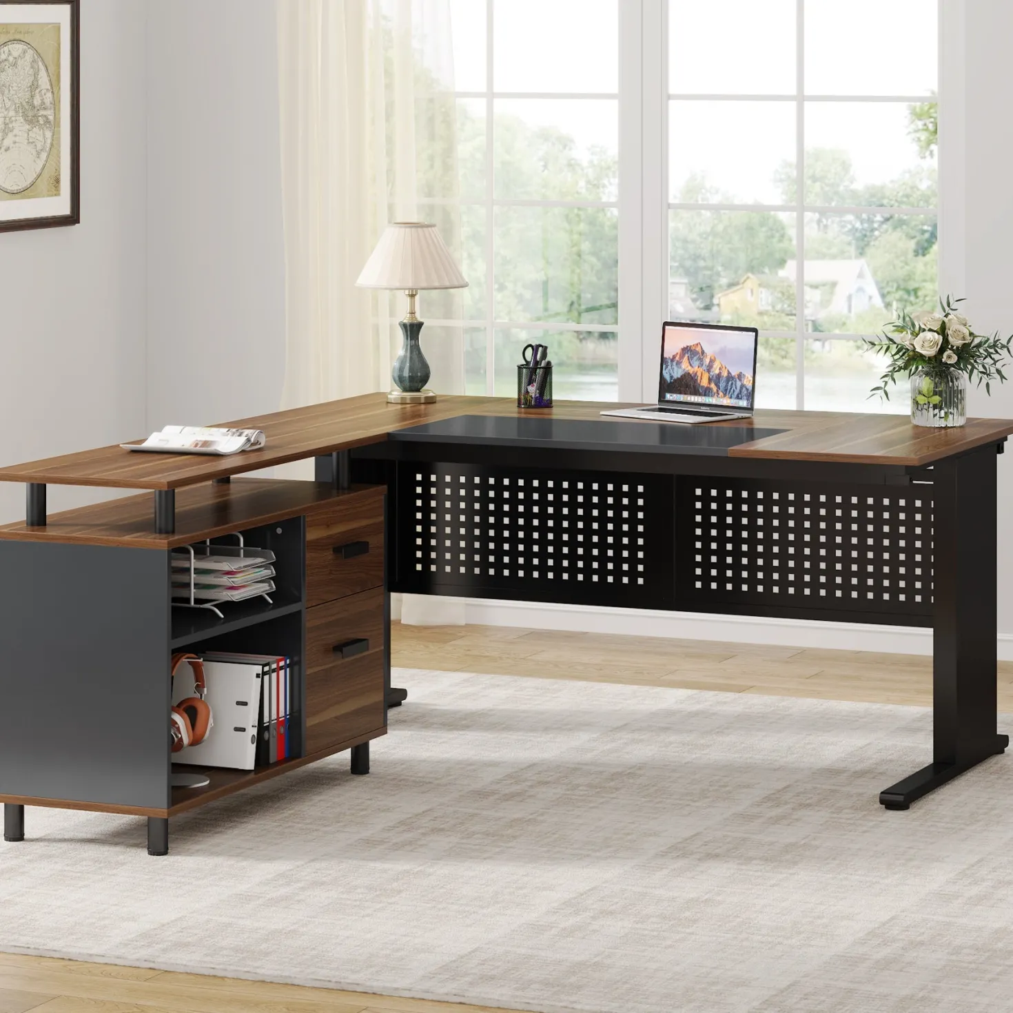 Industrial L-Shaped Desk, 63" Executive Desk with File Cabinet