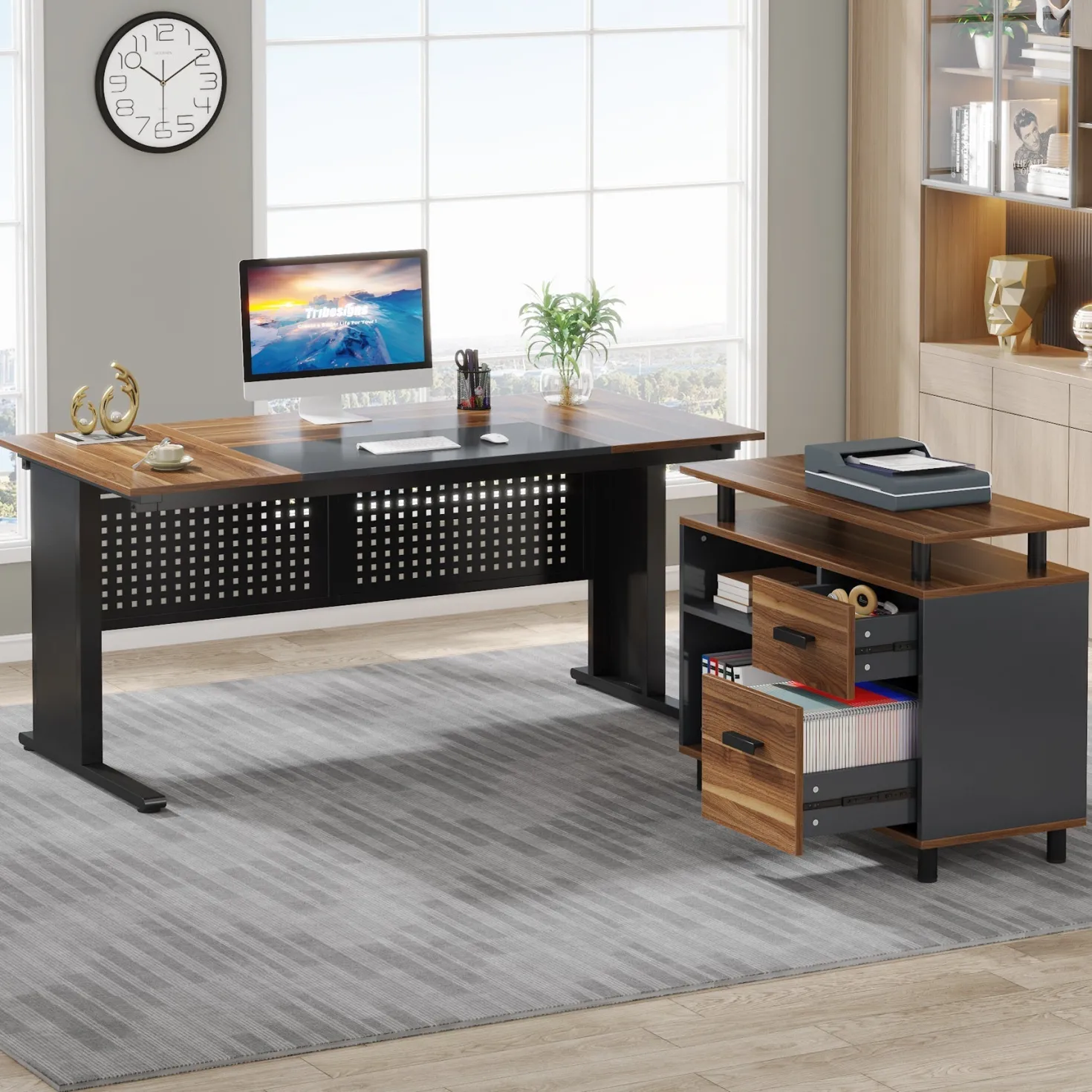 Industrial L-Shaped Desk, 63" Executive Desk with File Cabinet