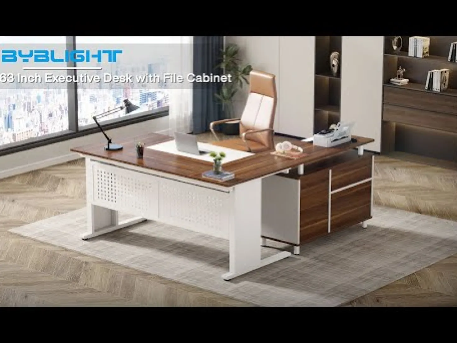 Industrial L-Shaped Desk, 63" Executive Desk with File Cabinet