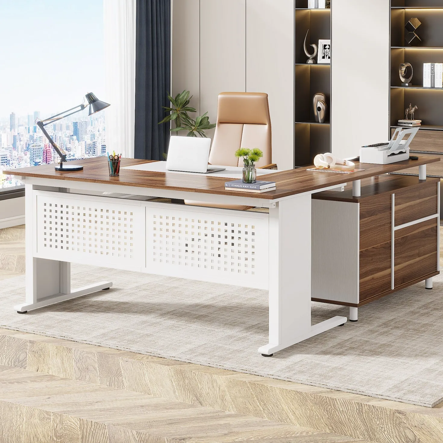 Industrial L-Shaped Desk, 63" Executive Desk with File Cabinet