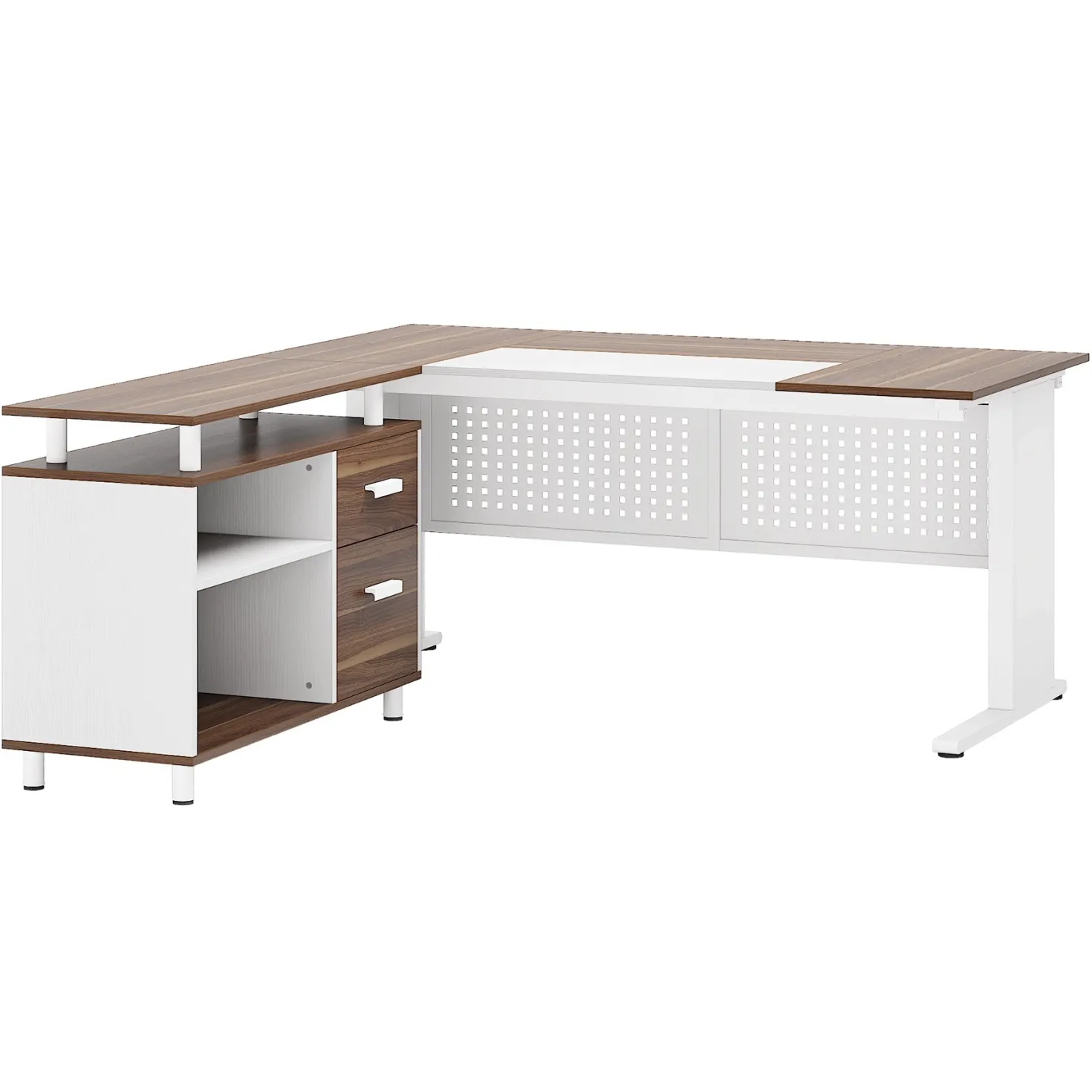 Industrial L-Shaped Desk, 63" Executive Desk with File Cabinet