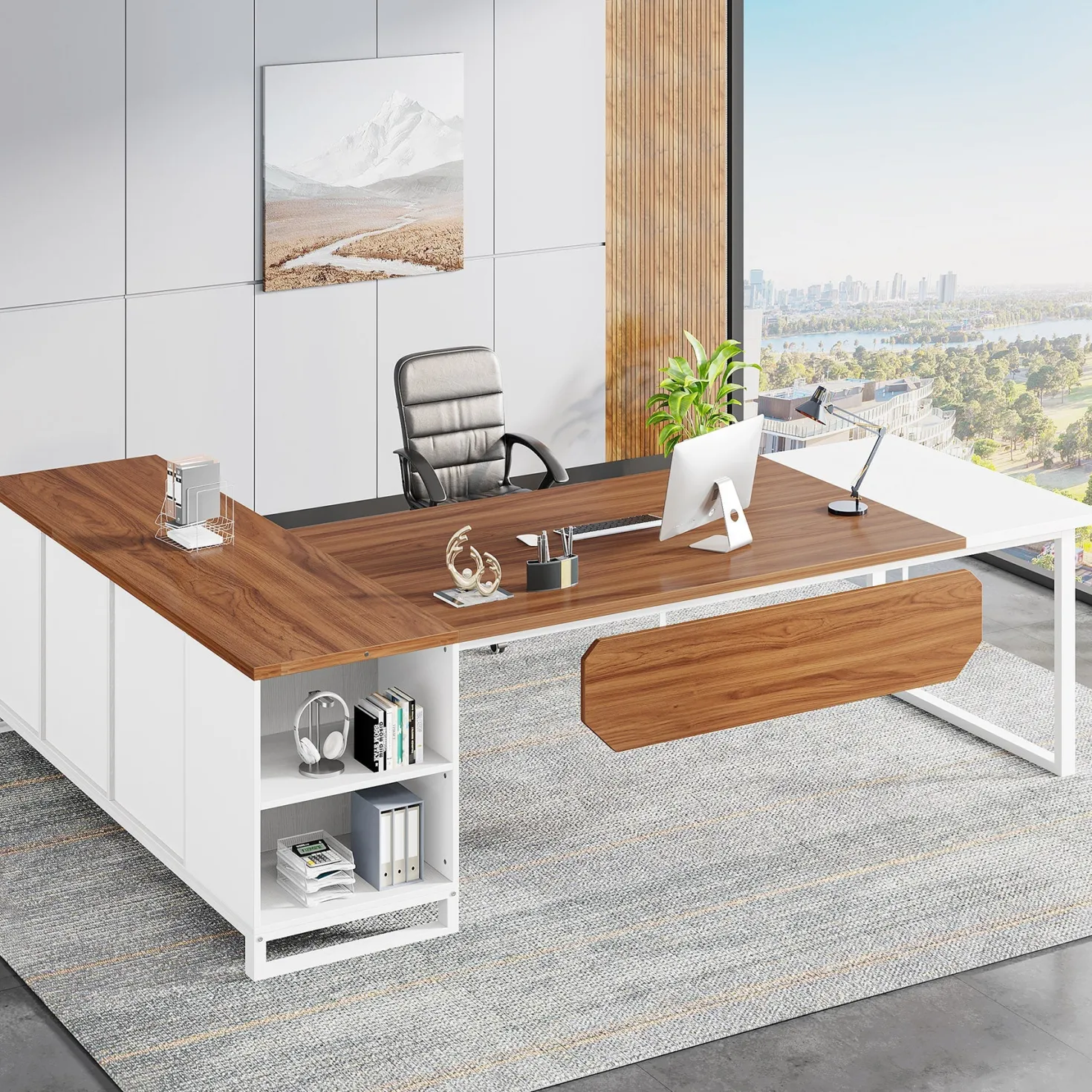 Large L-Shaped Desk, 70.87" Executive Desk with 55" File Cabinet