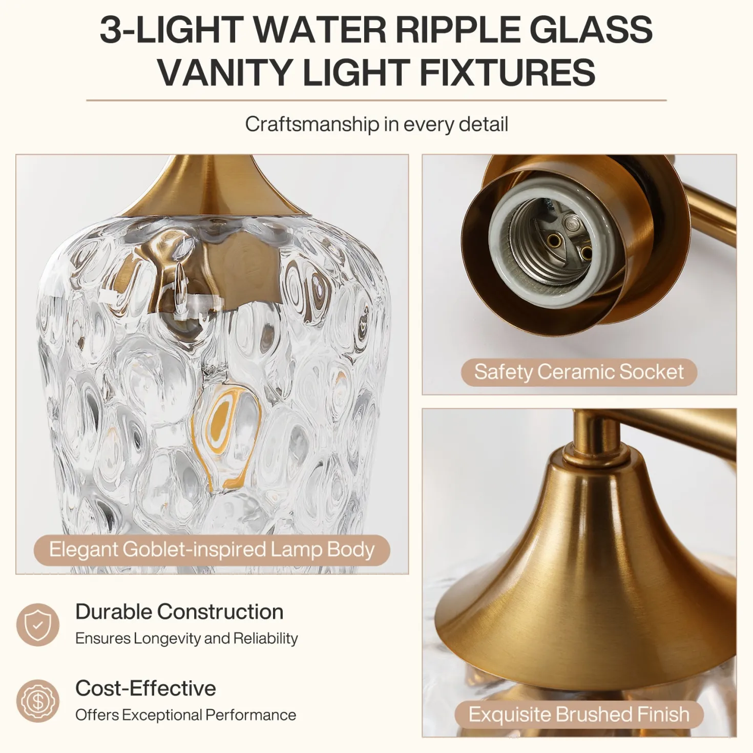 3-Light Bathroom Vanity Light, Modern Wall Sconce with Water Ripple Clear Glass Shades