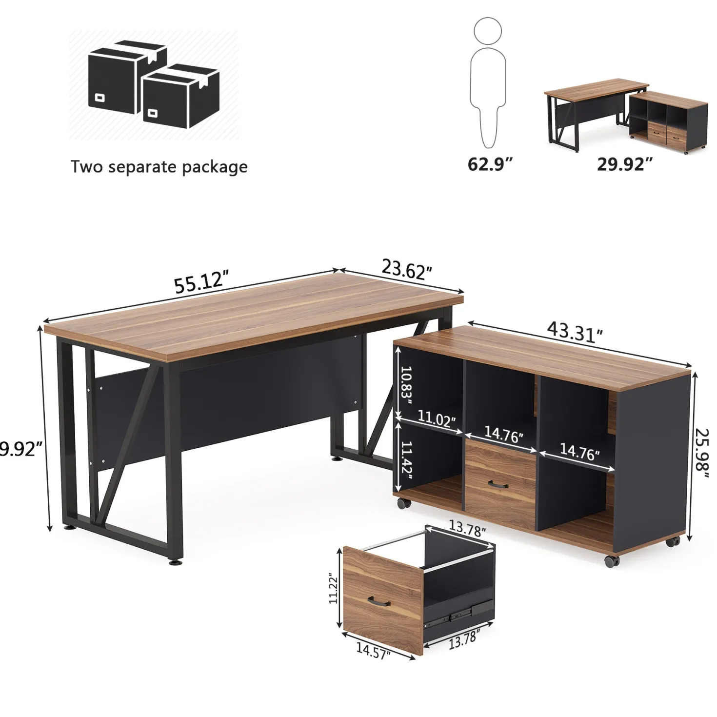 L-Shaped Computer Desk, 55" / 63" Executive Desk and Mobile File Cabinet