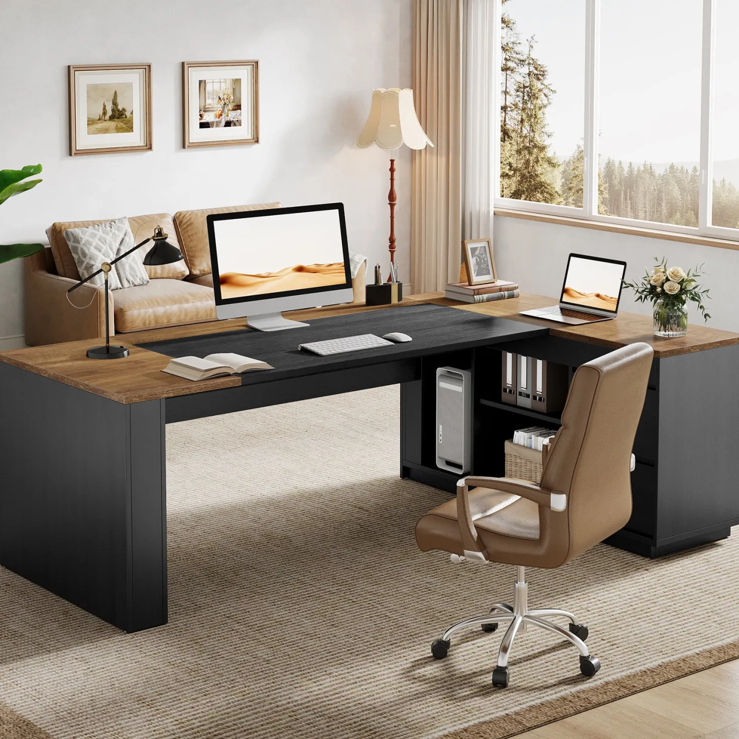 L-Shaped Executive Desk, 78.7" Computer Desk with Cabinet and Storage Shelves