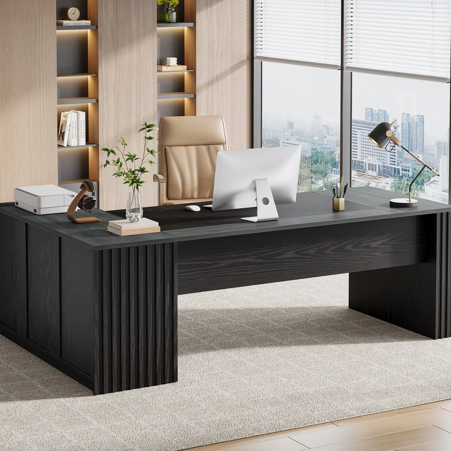 L-Shaped Executive Desk, 78.7" Computer Desk with Cabinet and Storage Shelves