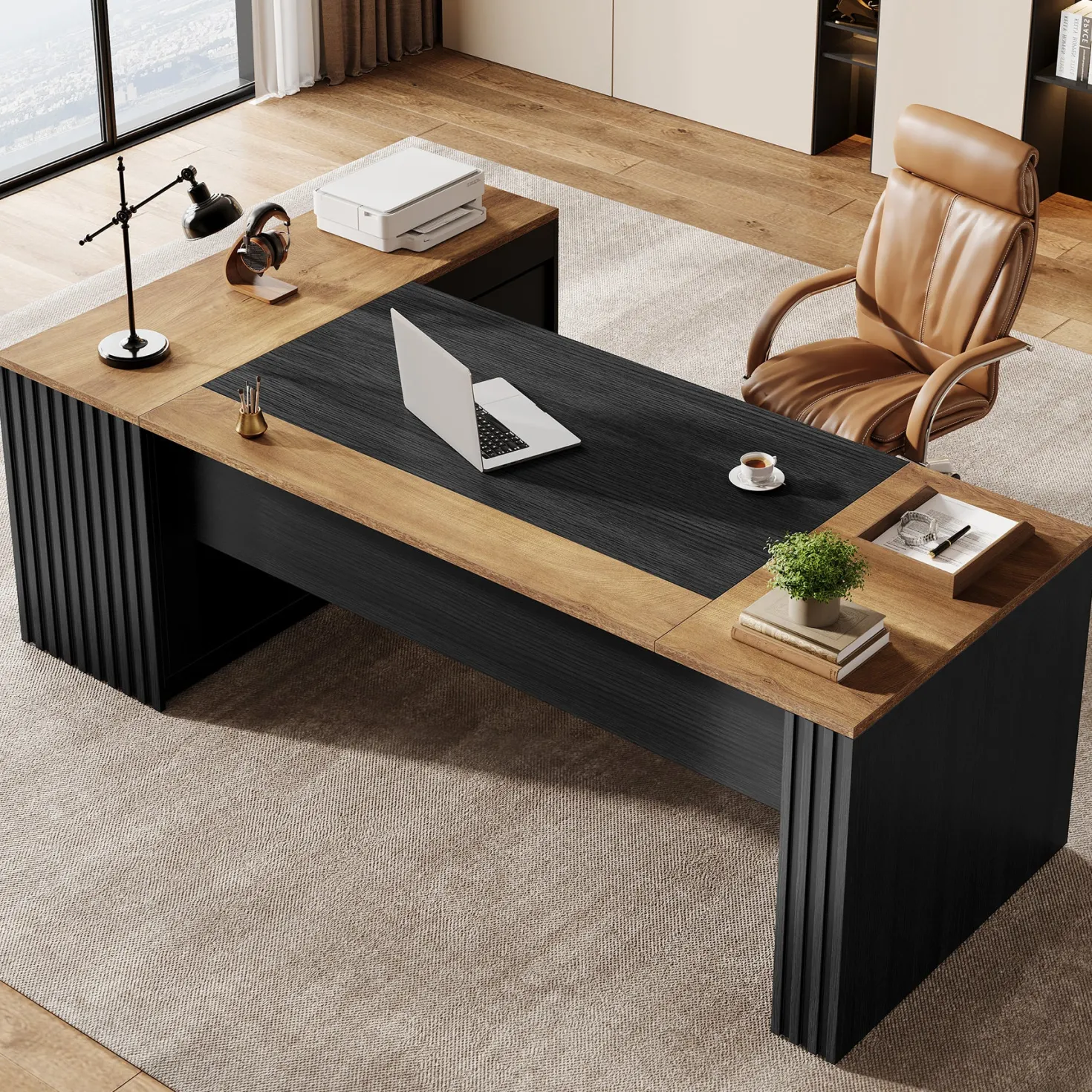 L-Shaped Executive Desk, 78.7" Computer Desk with Cabinet and Storage Shelves