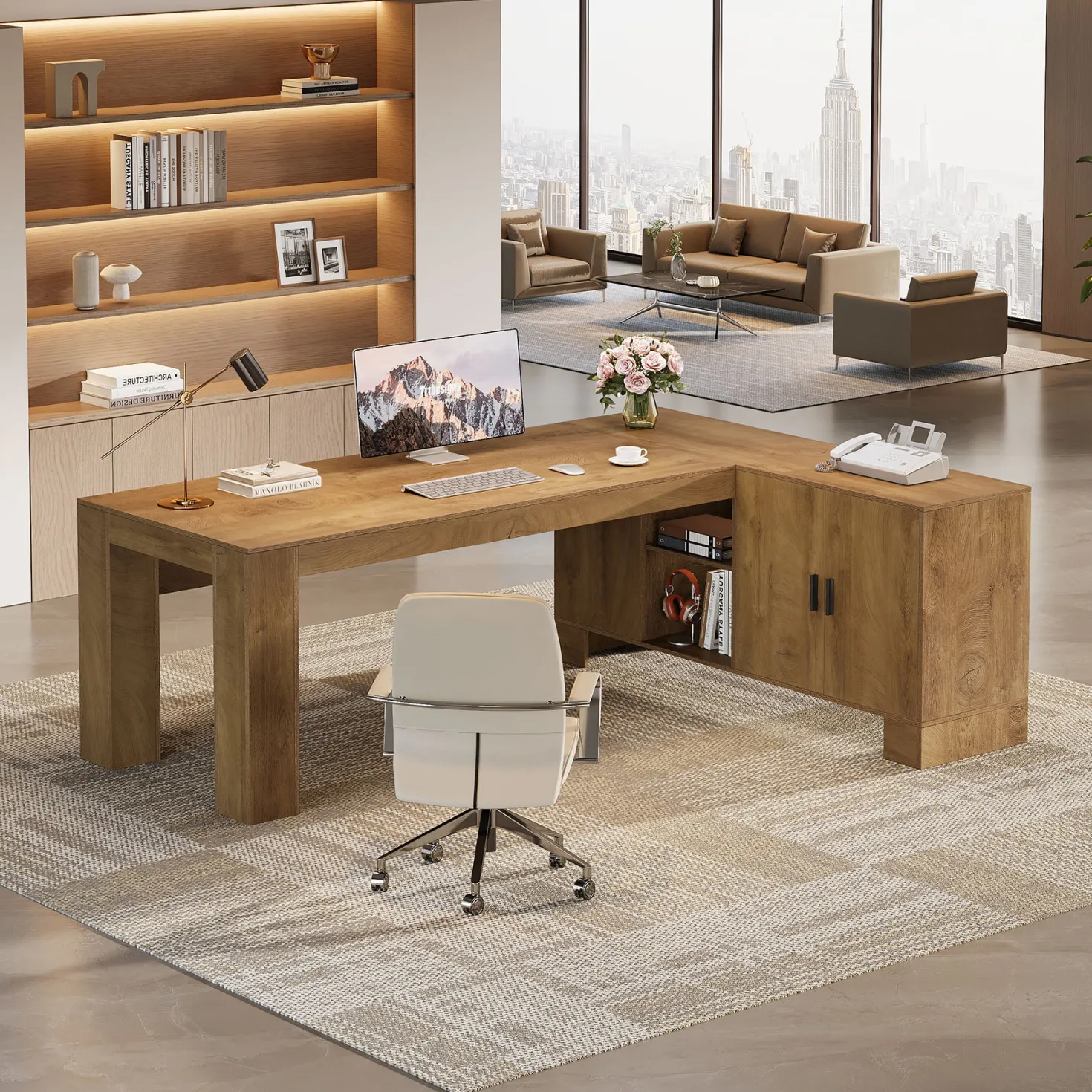 L-Shaped Executive Desk, 78" Office Desk with Storage Cabinet and 2-Tier Shelf