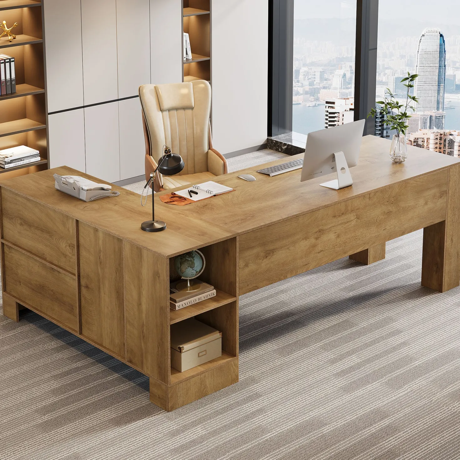 L-Shaped Executive Desk, 78" Office Desk with Storage Cabinet and 2-Tier Shelf