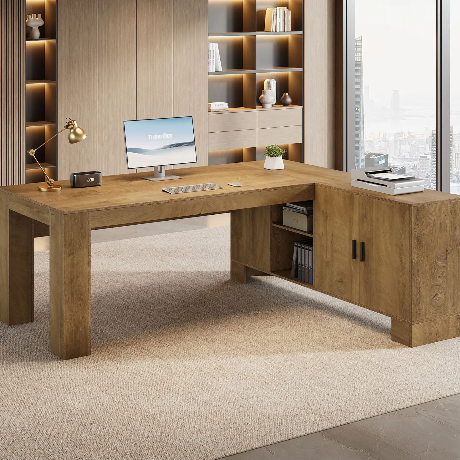 L-Shaped Executive Desk, 78" Office Desk with Storage Cabinet and 2-Tier Shelf