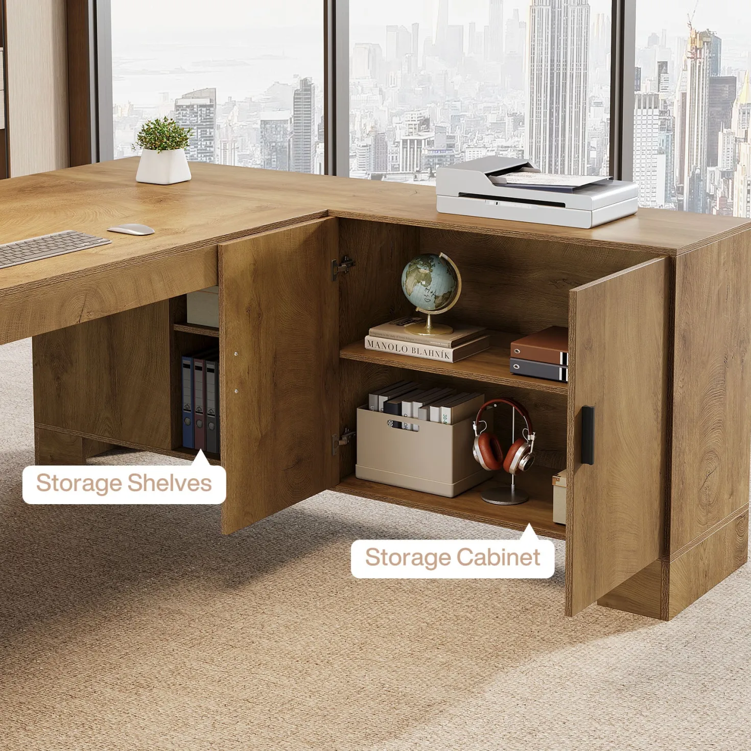 L-Shaped Executive Desk, 78" Office Desk with Storage Cabinet and 2-Tier Shelf