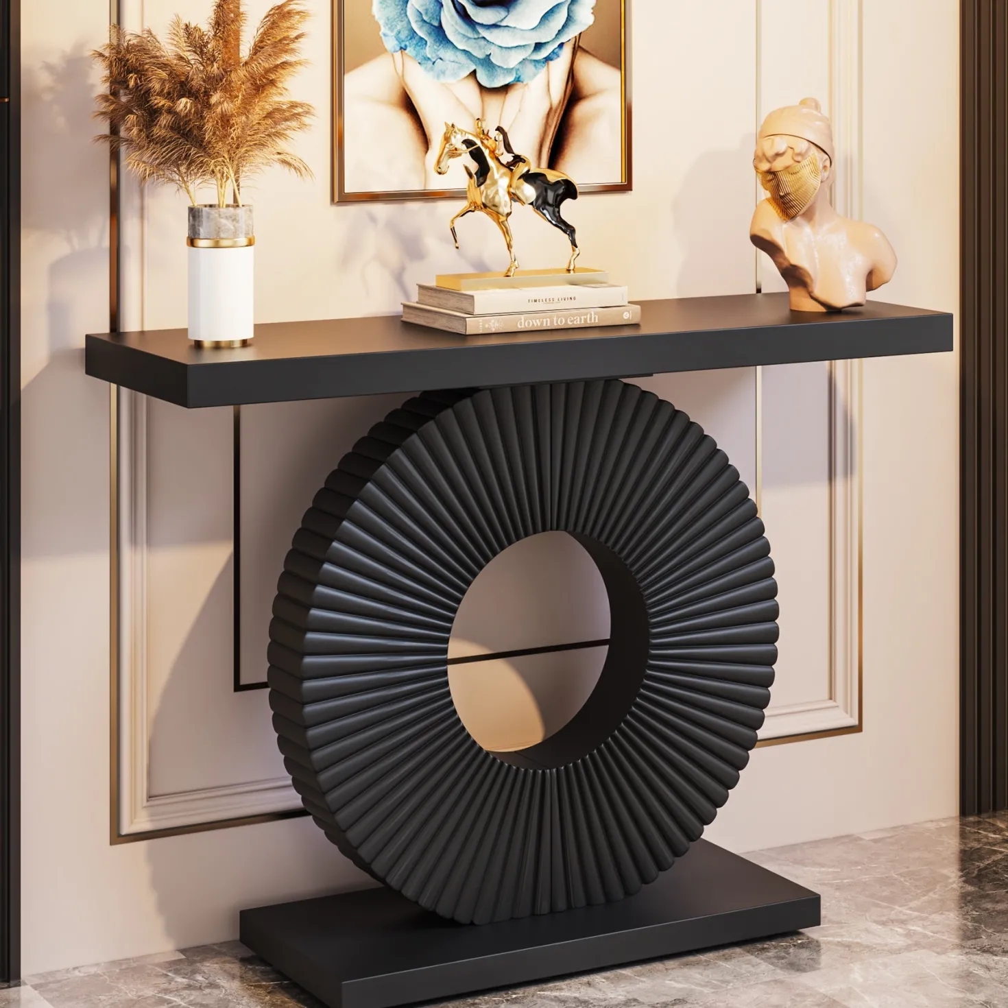Modern Console Table 40" Wood Sofa Table with Geometric Base