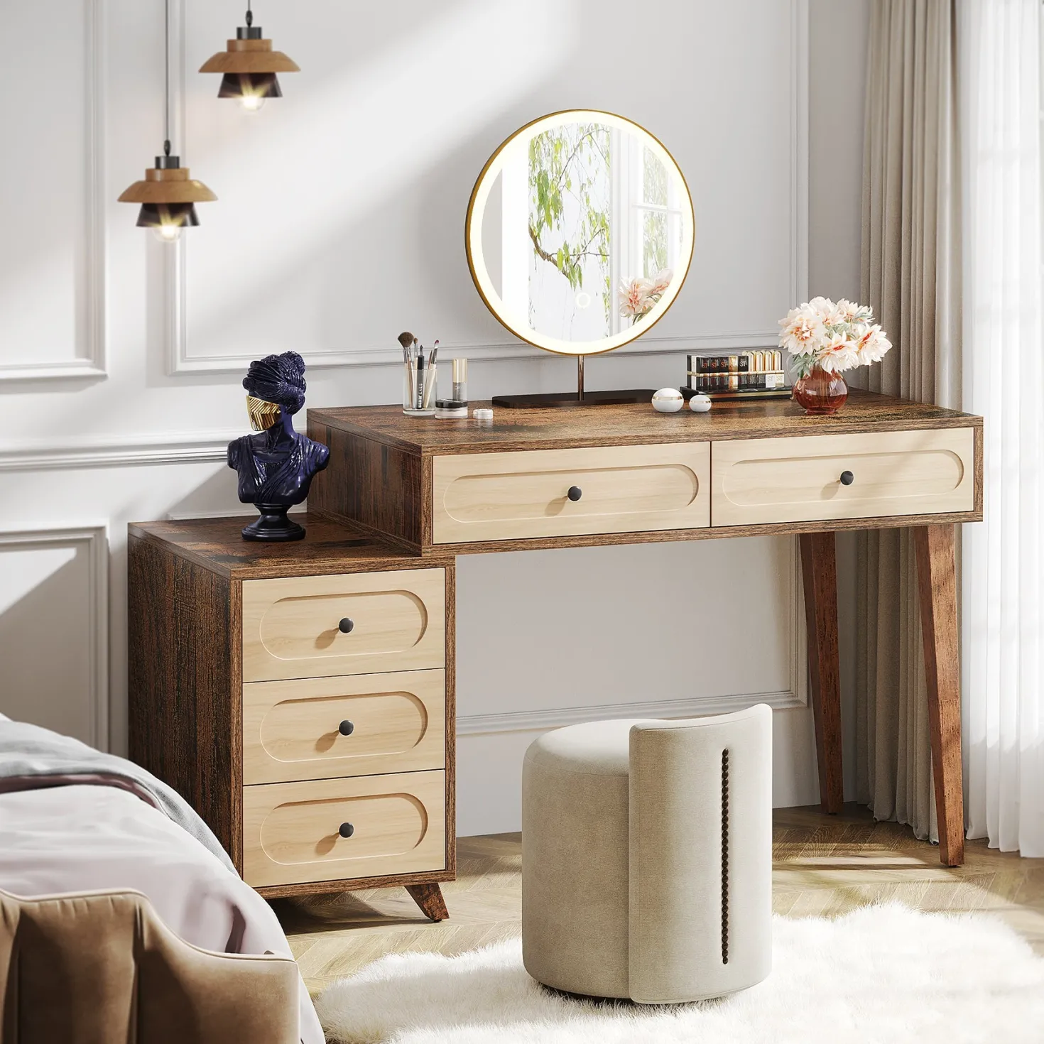 Modern Makeup Vanity Table, Dressing Table Set with 5 Drawers (Without Mirror & Stool)