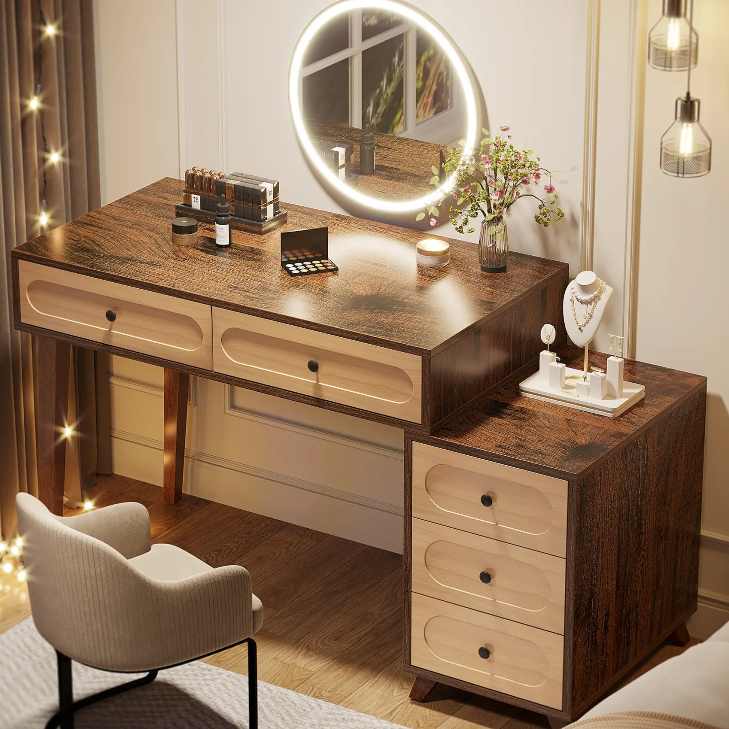 Modern Makeup Vanity Table, Dressing Table Set with 5 Drawers (Without Mirror & Stool)