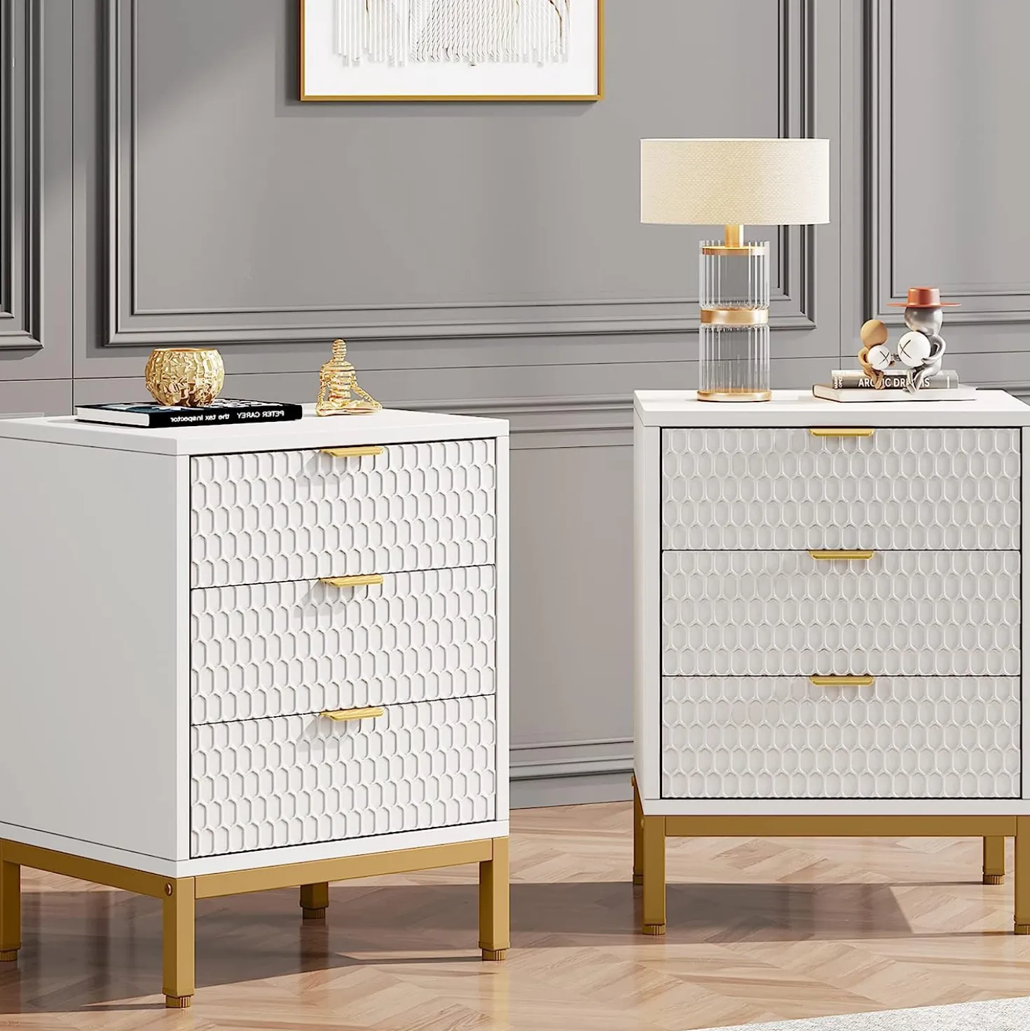 Modern Nightstand, 25.8" Tall Bedside Table with 3 Drawers