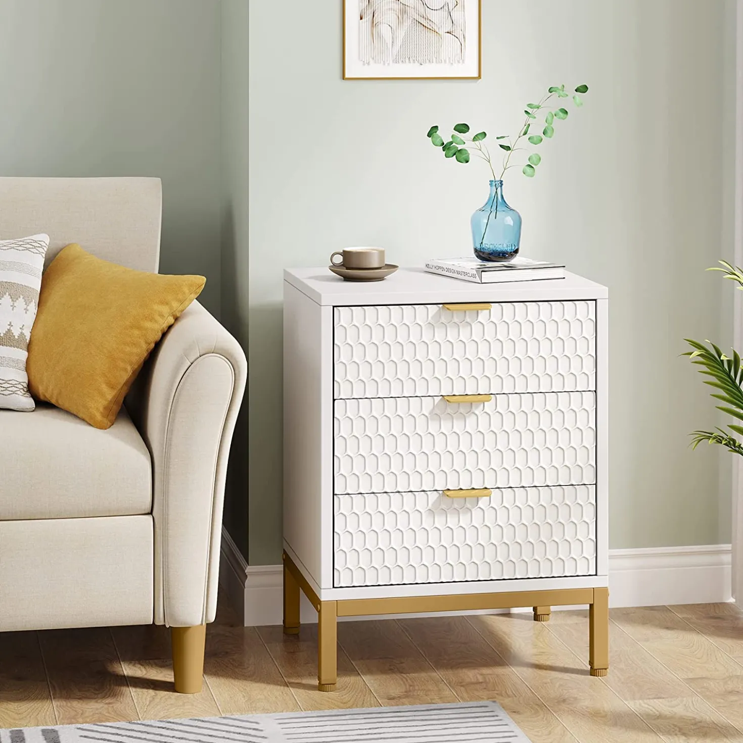 Modern Nightstand, 25.8" Tall Bedside Table with 3 Drawers